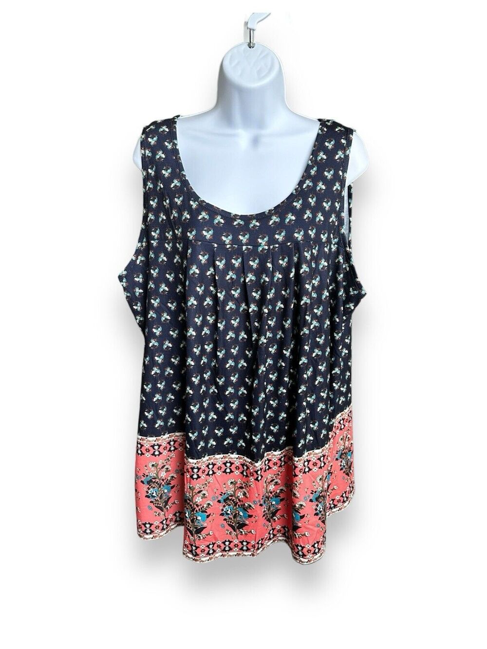New Bloomchic Bandana Print Round Neck Tank Top Navy Pink Floral Pintuck 14/16